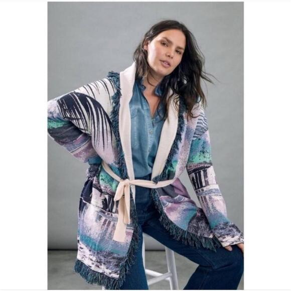 NWT Anthropologie Sunset Fringe Belted Cardigan Blanket Jacket MP - Picture 11 of 11